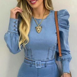 Women Blouse Fashion Bubble Sleeve Long-Sleeved Casual Summer Blouse